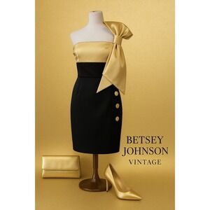 Betsey Johnson NWT Black & Gold Bow Cocktail Dress Sz 6 Made in USA Holiday NYE